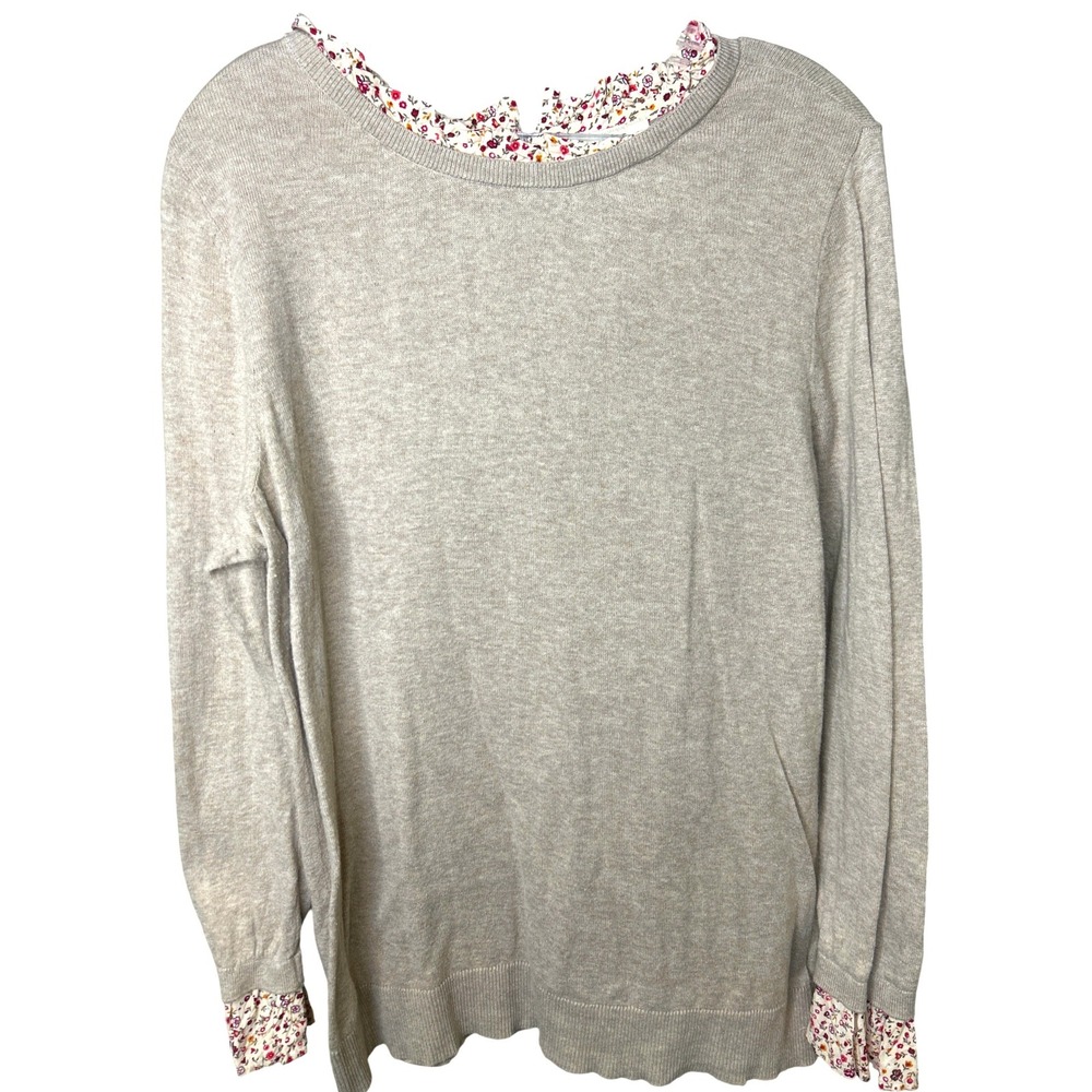 LOFT Outlet‎ Gray Floral Trim Crew Neck Sweater Size L women Soft
